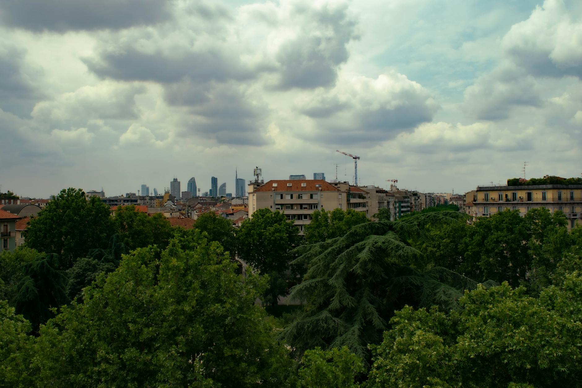 Panorama Mediolanu z zabudową miejską i drzewami na pierwszym planie