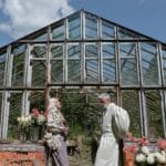 Starsze małżeństwo pielęgnuje rośliny w starej szklarni pełnej kwiatów